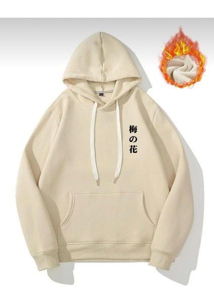 Oversize Unisex Japon Çiçeği Baskılı Bej Kapüşonlu Sweatshirt