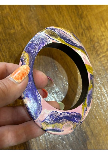 El Boyama Etnik Otantik Ahşap Kadın Bilezik Çap 7 cm