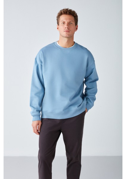 Stephan Erkek Yumuşacık Kumaşlı Oversize Fit Yuvarlak Yakalı Mavi Sweatshirt