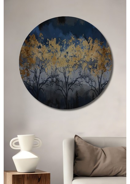 Ahşap Geceyarısı Orman Manzarazı Yağlıboya Görünüm Duvar Tablosu Yuvarlak Duvar Dekorasyon Tablosu