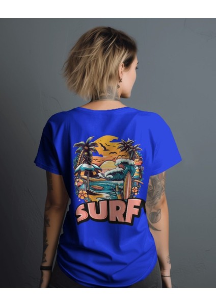 Lacivert Oversize T-Shirt Baskılı Surf