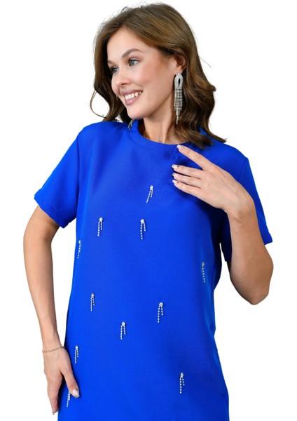 Taş Işlemeli Mini Boy Kadın Elbise - Kısa Kollu Taş Detaylı Bisiklet Yaka 129