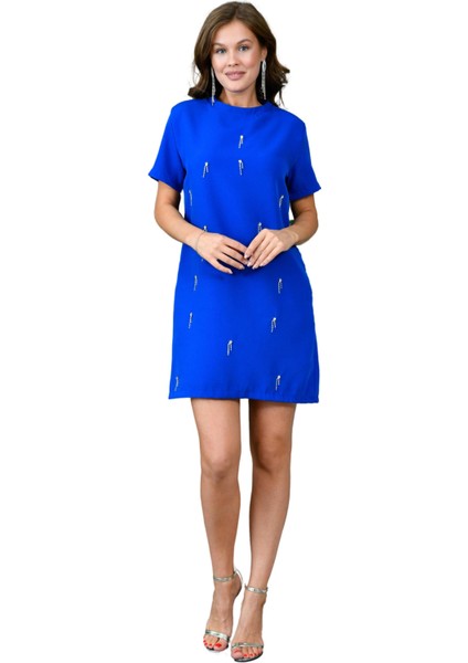 Taş Işlemeli Mini Boy Kadın Elbise - Kısa Kollu Taş Detaylı Bisiklet Yaka 129 modelleri