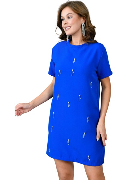 Taş Işlemeli Mini Boy Kadın Elbise - Kısa Kollu Taş Detaylı Bisiklet Yaka 129 indirimleri