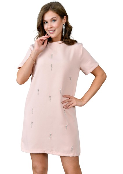 Taş Işlemeli Mini Boy Kadın Elbise - Kısa Kollu Taş Detaylı Bisiklet Yaka 129