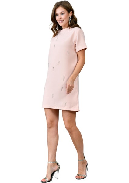 Taş Işlemeli Mini Boy Kadın Elbise - Kısa Kollu Taş Detaylı Bisiklet Yaka 129 fiyatları