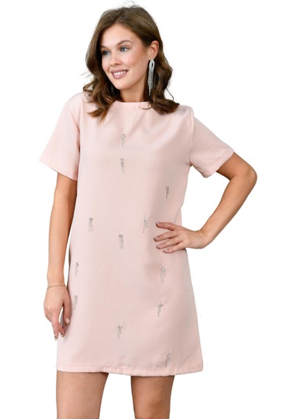 Taş Işlemeli Mini Boy Kadın Elbise - Kısa Kollu Taş Detaylı Bisiklet Yaka 129 fırsatları