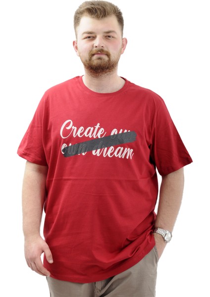 Büyük Beden Erkek Tişört Baskılı Pamuklu Bisiklet Yaka Create U24079 Bordo
