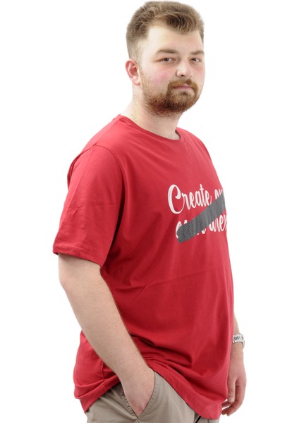 Büyük Beden Erkek Tişört Baskılı Pamuklu Bisiklet Yaka Create U24079 Bordo modelleri