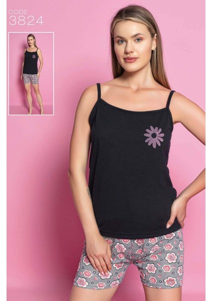 Kadın Ip Askılı Siyah Şortlu Pijama Takım 3824