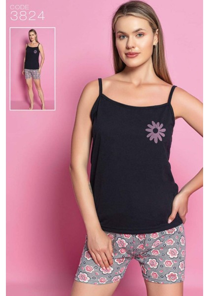 Kadın Ip Askılı Siyah Şortlu Pijama Takım 3824