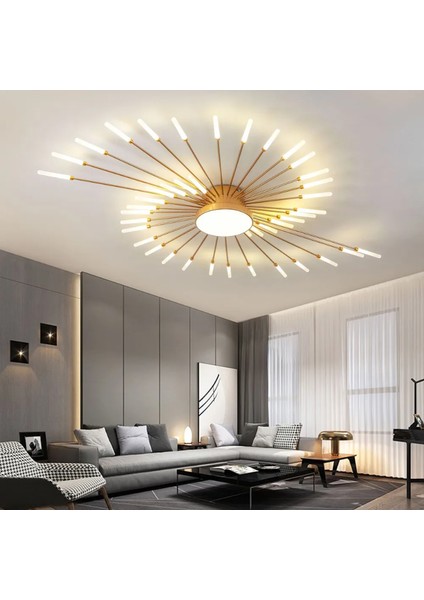 Gold Eskitme 4000K Ø125CM 42 Kollu Güneş LED Avize, Mum Avize, Modern Aydınlatma, Plafonyer, Sıva Üstü