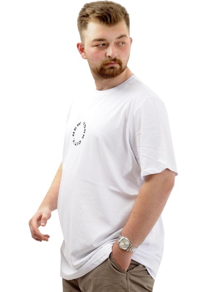 Büyük Beden Erkek Baskılı Tişört Bisiklet Yaka Pamuklu New York U24081 Beyaz fiyatları