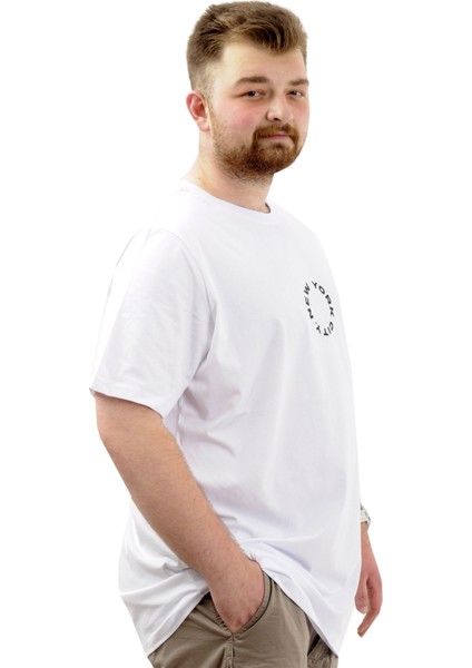 Büyük Beden Erkek Baskılı Tişört Bisiklet Yaka Pamuklu New York U24081 Beyaz modelleri