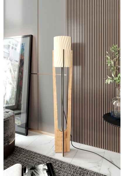 Minimalist ahşap lambader, safir meşe, tek ayaklı, 101-150 cm yükseklik, krem renk