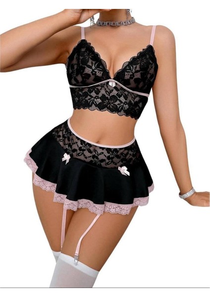 Intive Lingerie Bella Kadın Dantelli Mini Etekli Jartiyerli Sütyen Tanga Etek Çorap Takım
