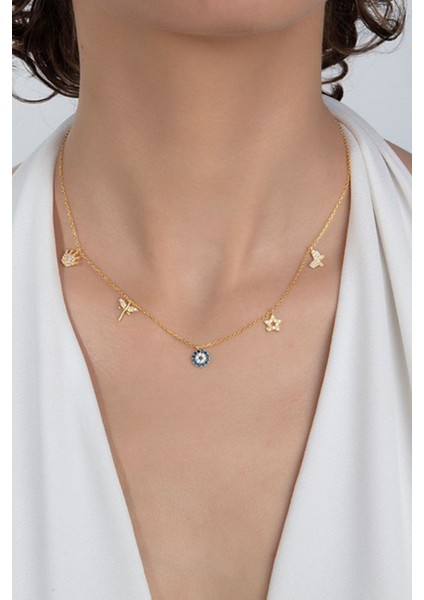 925 Ayar Gümüş Şans Kolyesi Altın Renkli Zirkon Taşlı Kadınlar İçin Özel Tasarım