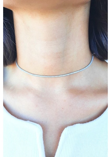 Gümüş 925 Ayar Gümüş Beyaz Taşlı Choker Su Yolu Kolye 925 Ayar Beyaz Zirkon