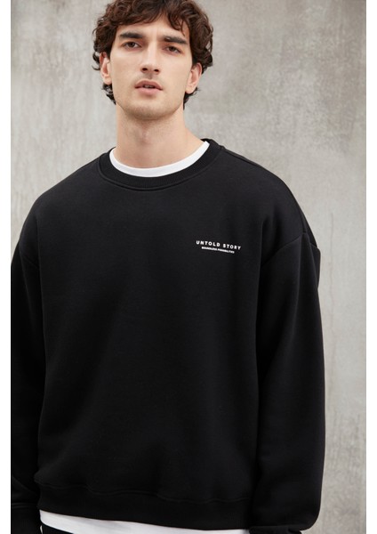 Bryan Erkek Yumuşacık Kumaşlı 3 Iplik Oversize Bol Kesim Yuvarlak Yakalı Baskılı Siyah Sweatshirt