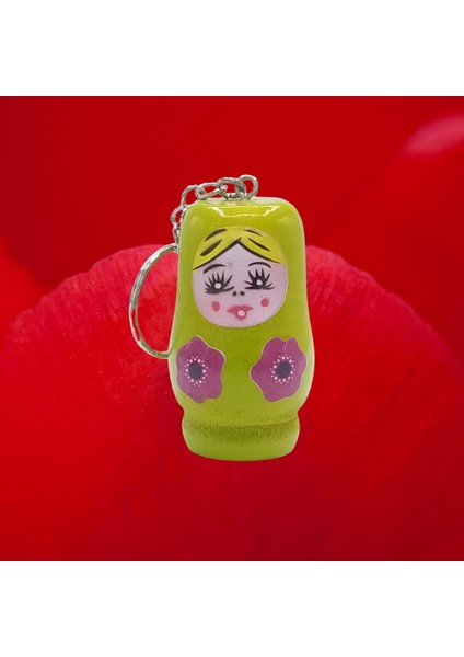 Ahşap Matruşka Bebek Anahtarlık Yeşil 5cm Büyük Boy