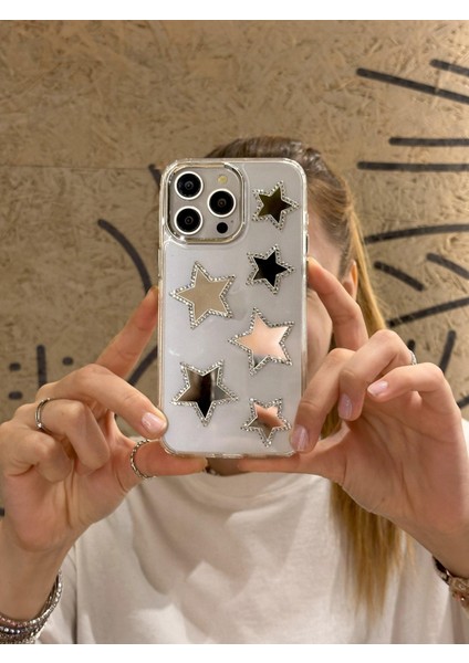 iPhone 15 Pro Max Uyumlu Aynalı Yıldızlı Taşlı Şeffaf Kılıf