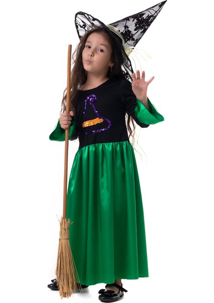 Kız Çocuk Yeşil Siyah Cadı Elbise Halloween Witch Costume Party