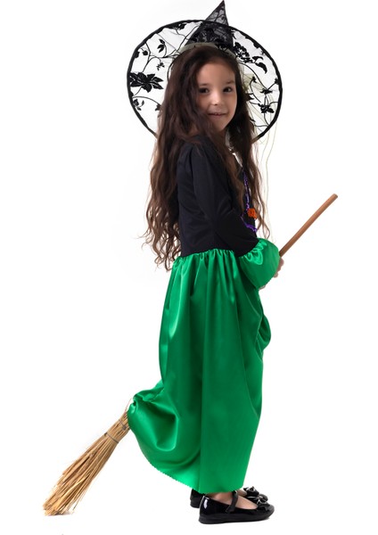 Kız Çocuk Yeşil Siyah Cadı Elbise Halloween Witch Costume Party