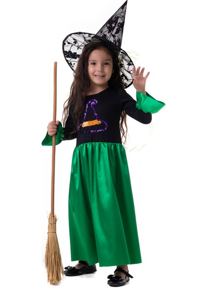 Kız Çocuk Yeşil Siyah Cadı Elbise Halloween Witch Costume Party
