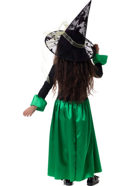 Kız Çocuk Yeşil Siyah Cadı Elbise Halloween Witch Costume Party