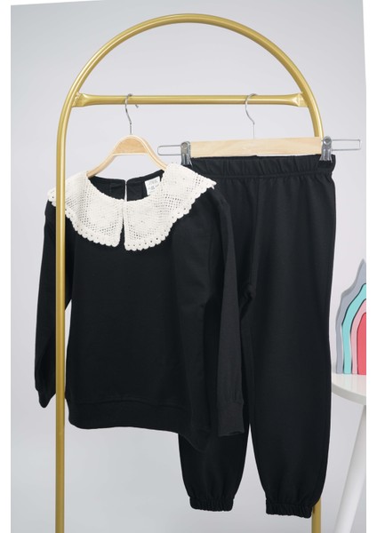 Kız Çocuk Okula Dönüş Yaka Dantel Modelli Pamuk Eşofman Takımı