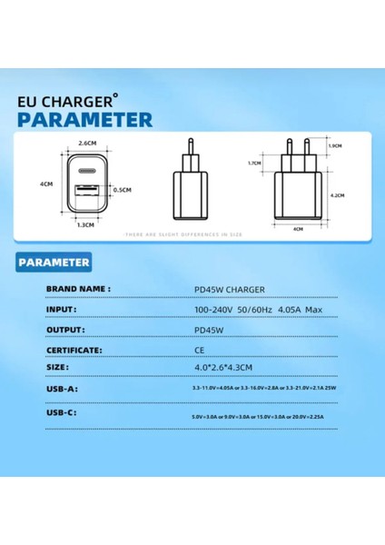 Android/iphone/tablet/macbook/samsung 45W Pd Type-C Hızlı Çoklu Şarj Adaptörü Aleti