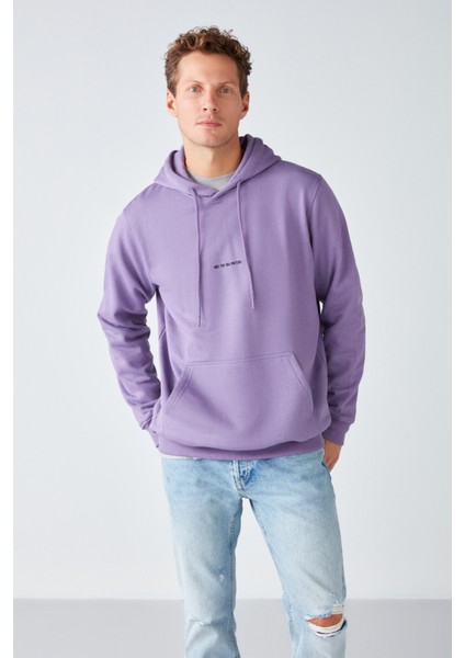 Epıc Erkek Yumusaçık Kumaşlı Kapüşonlu Kordonlu Regular Fit Nakışlı Mor Sweatshirt