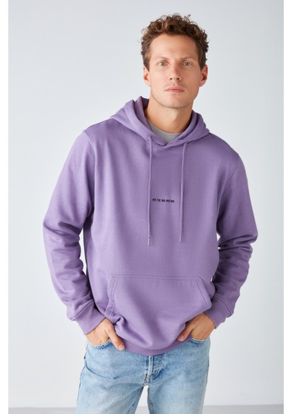 Epıc Erkek Yumusaçık Kumaşlı Kapüşonlu Kordonlu Regular Fit Nakışlı Mor Sweatshirt