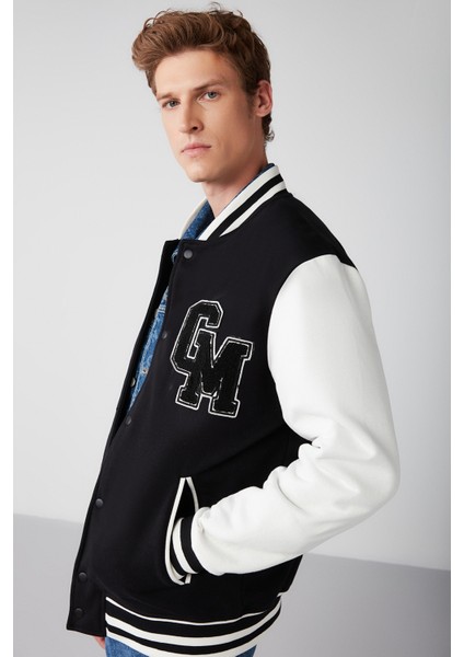 Advanced Erkek Bomber Üç Boyutlu Aplikeli Çıt Çıtlı Bomber Siyah Sweatshirt