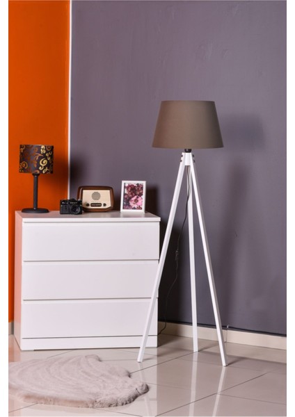 Ahşap Simple Beyaz Ahşap Lambader E27 Kahverengi Tripod Lambaderler 1
