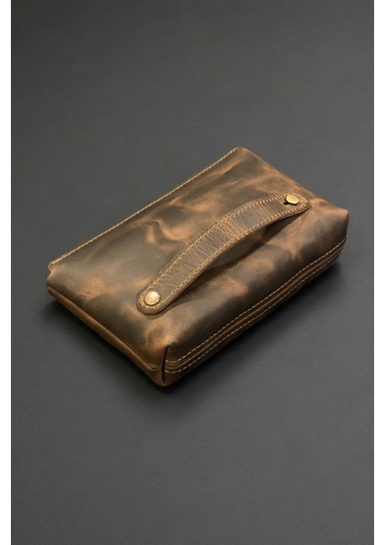 Erkek El Çantası Kahverengi Deri El Bantlı Cüzdan Portföy Çanta Seyahat Bakım El Çantası