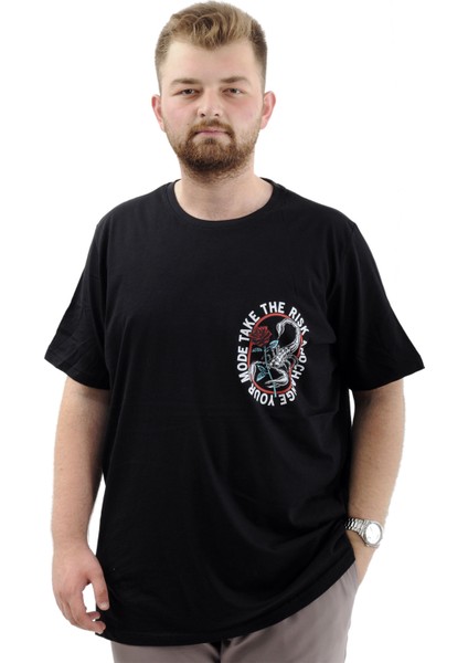 Büyük Beden Erkek Tişört Baskılı Bisiklet Yaka Pamuklu Change U24084 Siyah