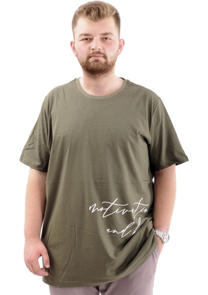 Battal Beden Erkek Pamuklu T-Shirt Yumuşak Dokulu Baskılı Belıef U24085 Haki