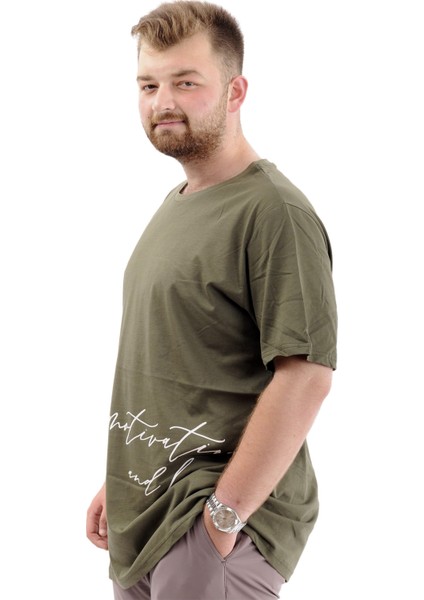 Battal Beden Erkek Pamuklu T-Shirt Yumuşak Dokulu Baskılı Belıef U24085 Haki