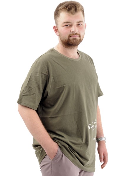 Battal Beden Erkek Pamuklu T-Shirt Yumuşak Dokulu Baskılı Belıef U24085 Haki
