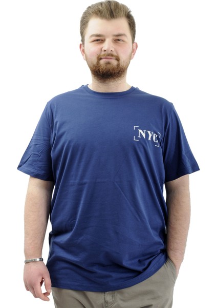 Büyük Beden Erkek Tişört Baskılı Pamuklu Bisiklet Yaka T-Shirt Nyc U24068 Indigo