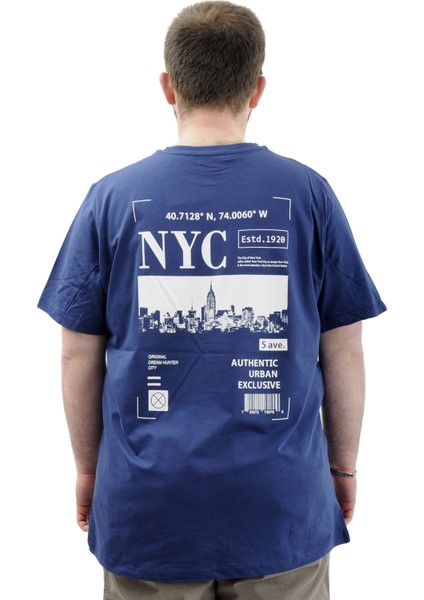 Büyük Beden Erkek Tişört Baskılı Pamuklu Bisiklet Yaka T-Shirt Nyc U24068 Indigo