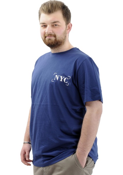 Büyük Beden Erkek Tişört Baskılı Pamuklu Bisiklet Yaka T-Shirt Nyc U24068 Indigo