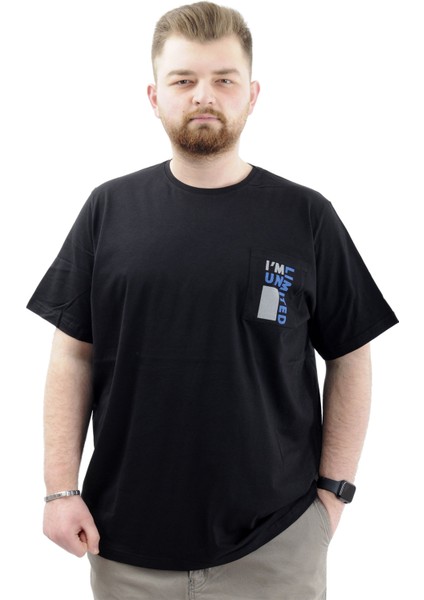Erkek Büyük Beden T-Shirt Pamuklu Baskılı Bisiklet Yaka Tişört Lımıted U24052 Siyah