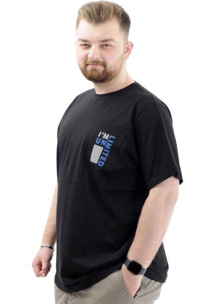 Erkek Büyük Beden T-Shirt Pamuklu Baskılı Bisiklet Yaka Tişört Lımıted U24052 Siyah