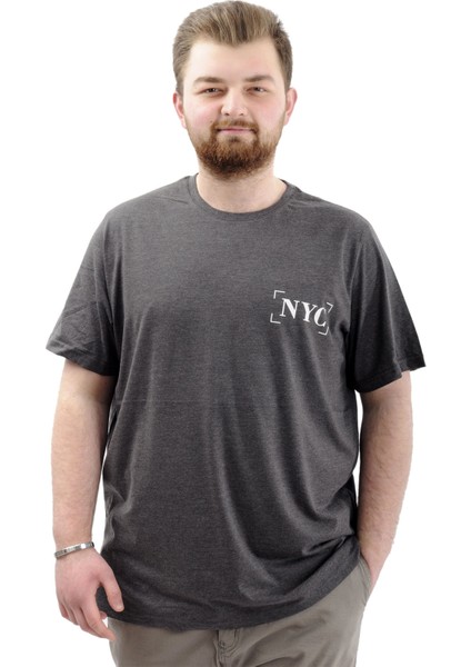 Büyük Beden Erkek Tişört Baskılı Pamuklu Bisiklet Yaka T-Shirt Nyc U24068 Antramelanj