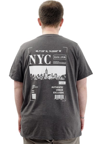 Büyük Beden Erkek Tişört Baskılı Pamuklu Bisiklet Yaka T-Shirt Nyc U24068 Antramelanj fiyatları