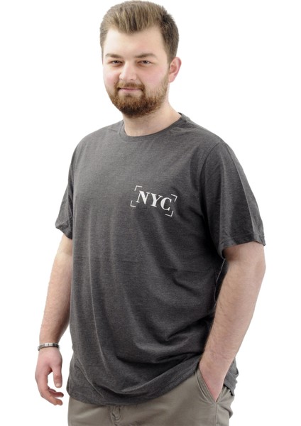 Büyük Beden Erkek Tişört Baskılı Pamuklu Bisiklet Yaka T-Shirt Nyc U24068 Antramelanj modelleri