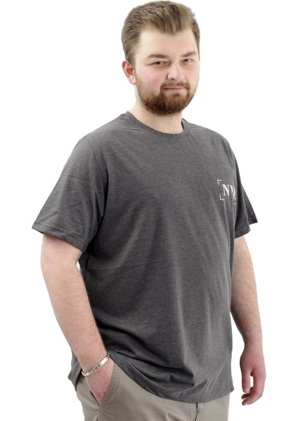 Büyük Beden Erkek Tişört Baskılı Pamuklu Bisiklet Yaka T-Shirt Nyc U24068 Antramelanj fırsatları