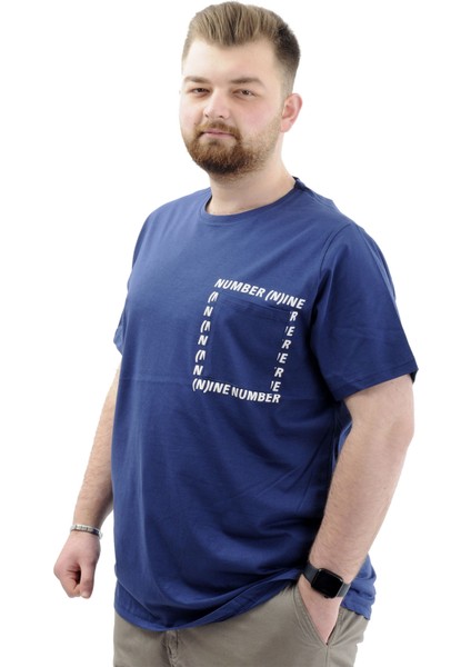 Erkek Büyük Beden T-Shirt Pamuklu Baskılı Bisiklet Yaka Tişört Number U24051 Indigo fiyatları